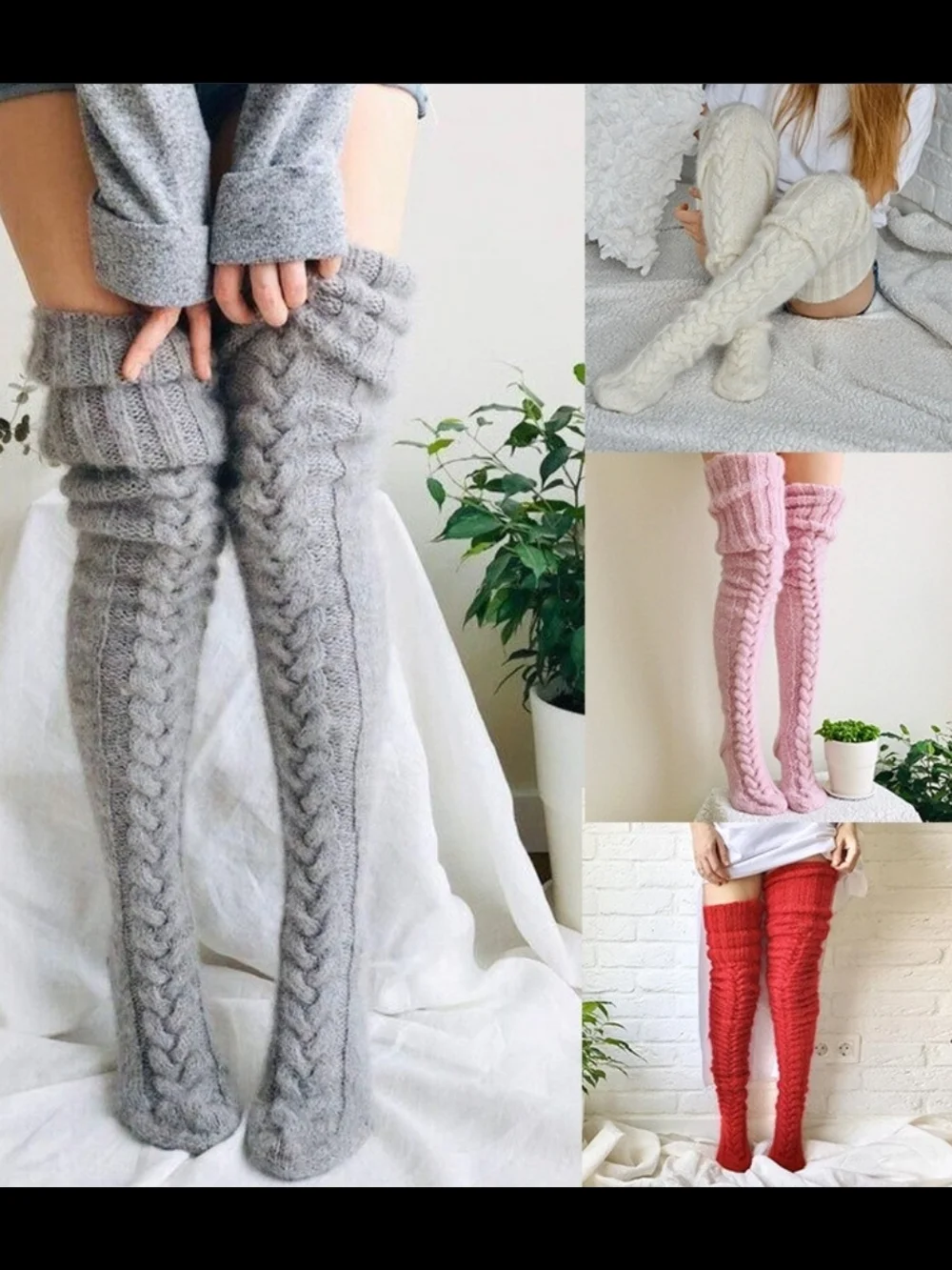 3 Pack Cozy Cable Knit Over-the-Knee Socks - Gray, Pink, Burgundy